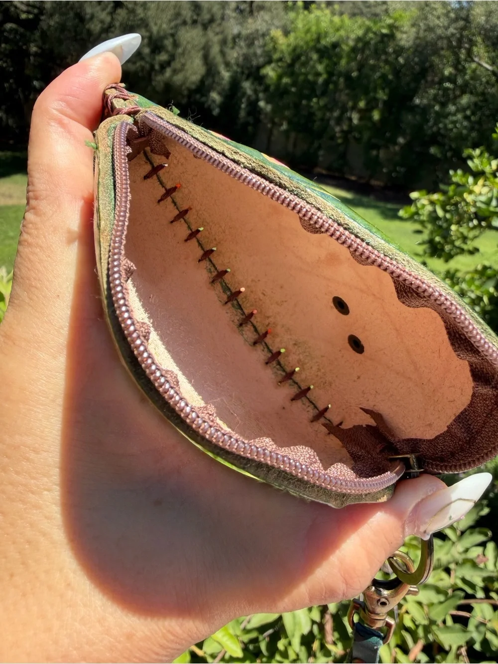 Green Leaf Leather Wristlet with Pink Rose and Orange Bee Accent